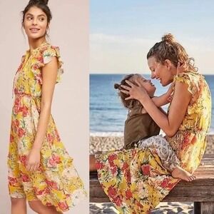 NWT Anthropologie Dolan Ellory Floral Silk Midi Dress | Yellow Red | SZ L